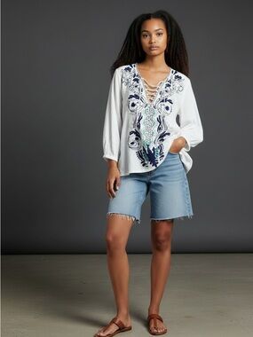 Desigual Cotton Boho Peasant Blouse White Blue Embroidered Tunic Top L